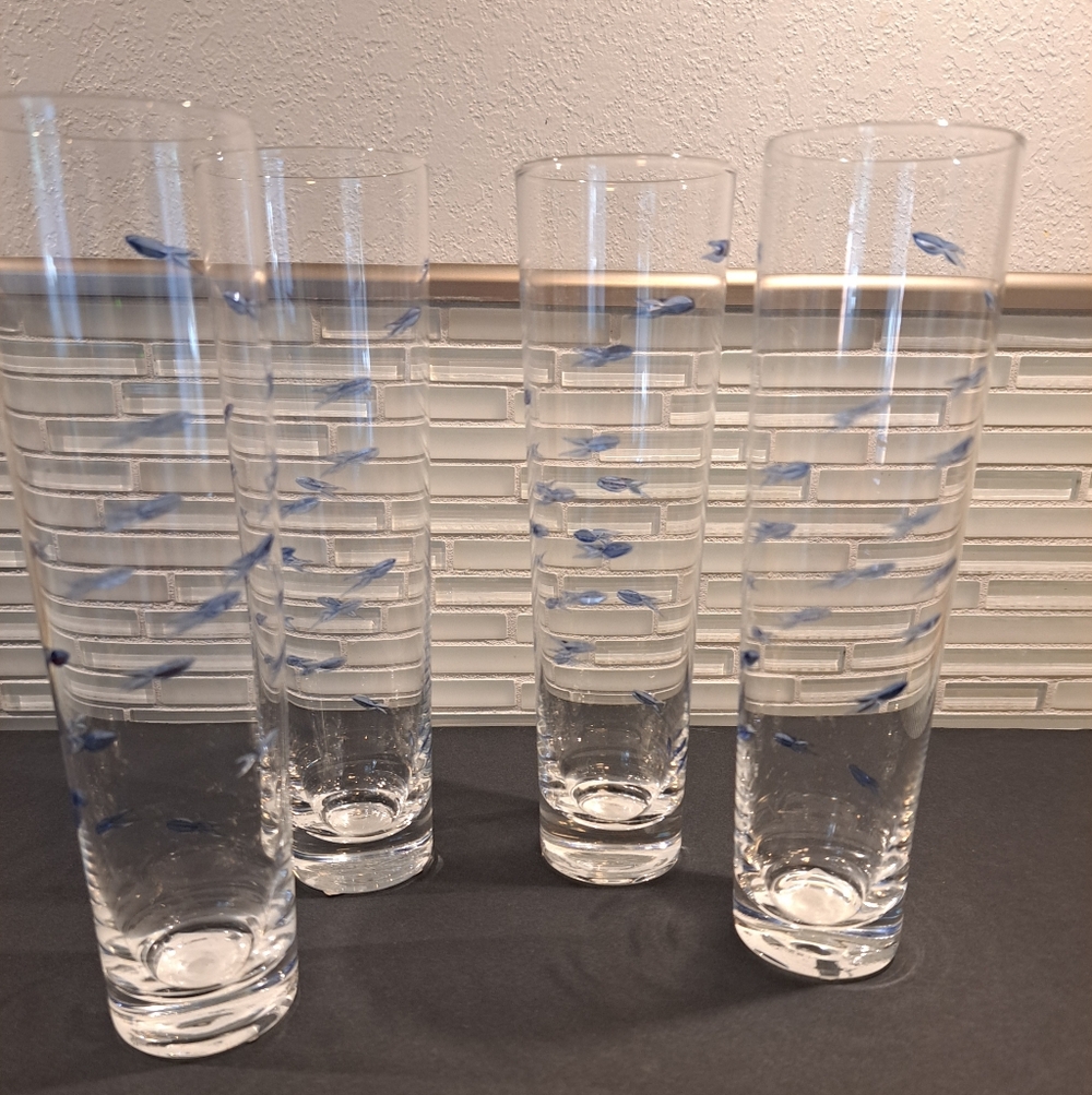 4 Blue Etched School Fish Guppy High Ball Cocktail Glasses -Z Gallerie